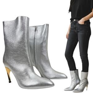 New Alexander Mcqueen Armadillo Metallic Leather Ankle Boots Silver Size 37